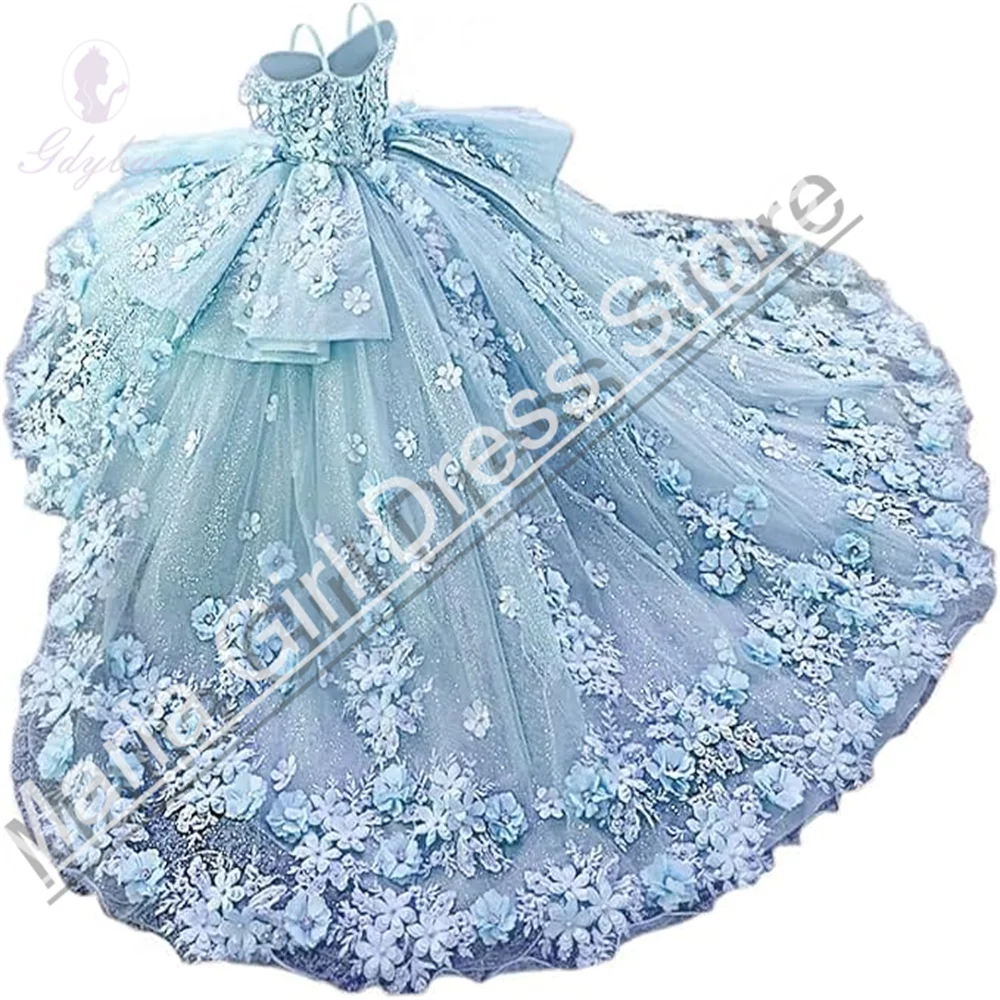 Light Blue Flower Girl Dress Fluffy Thin Straps For Wedding Bowknot Appliques Short Sleeve Kids Birthday First Communion Gown