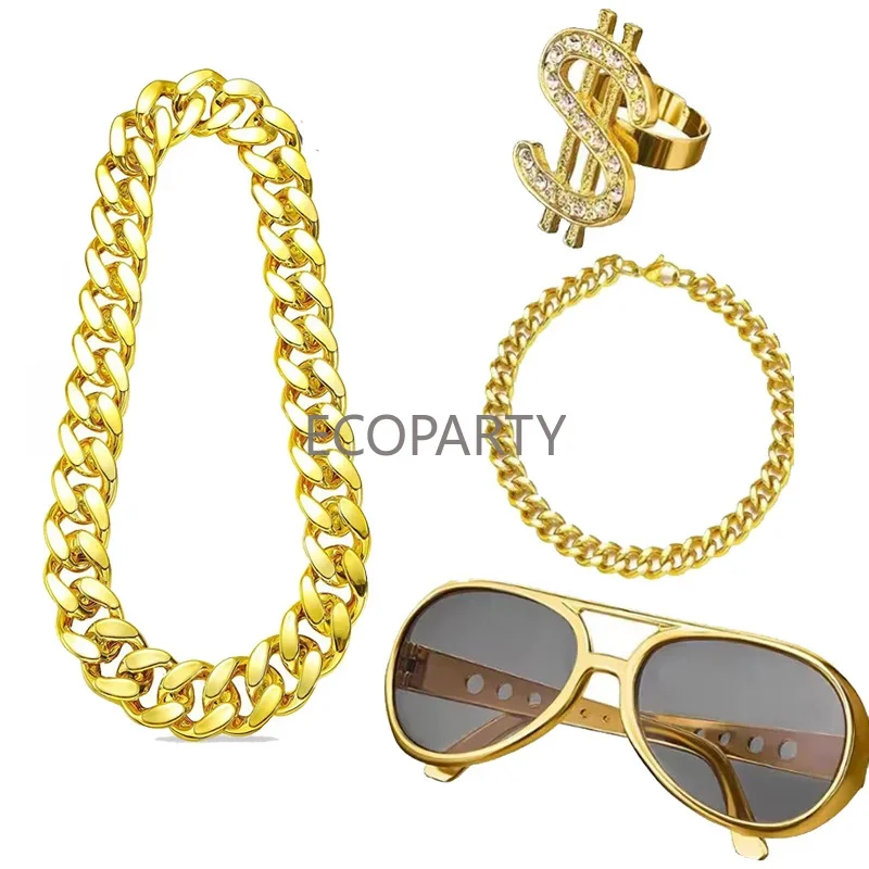 2023 New 80s Hip-hop Flashy Party Halloween Costume Dollar Neckle Ring Bracelet Fisherman Hat Radio Trendsetter Props