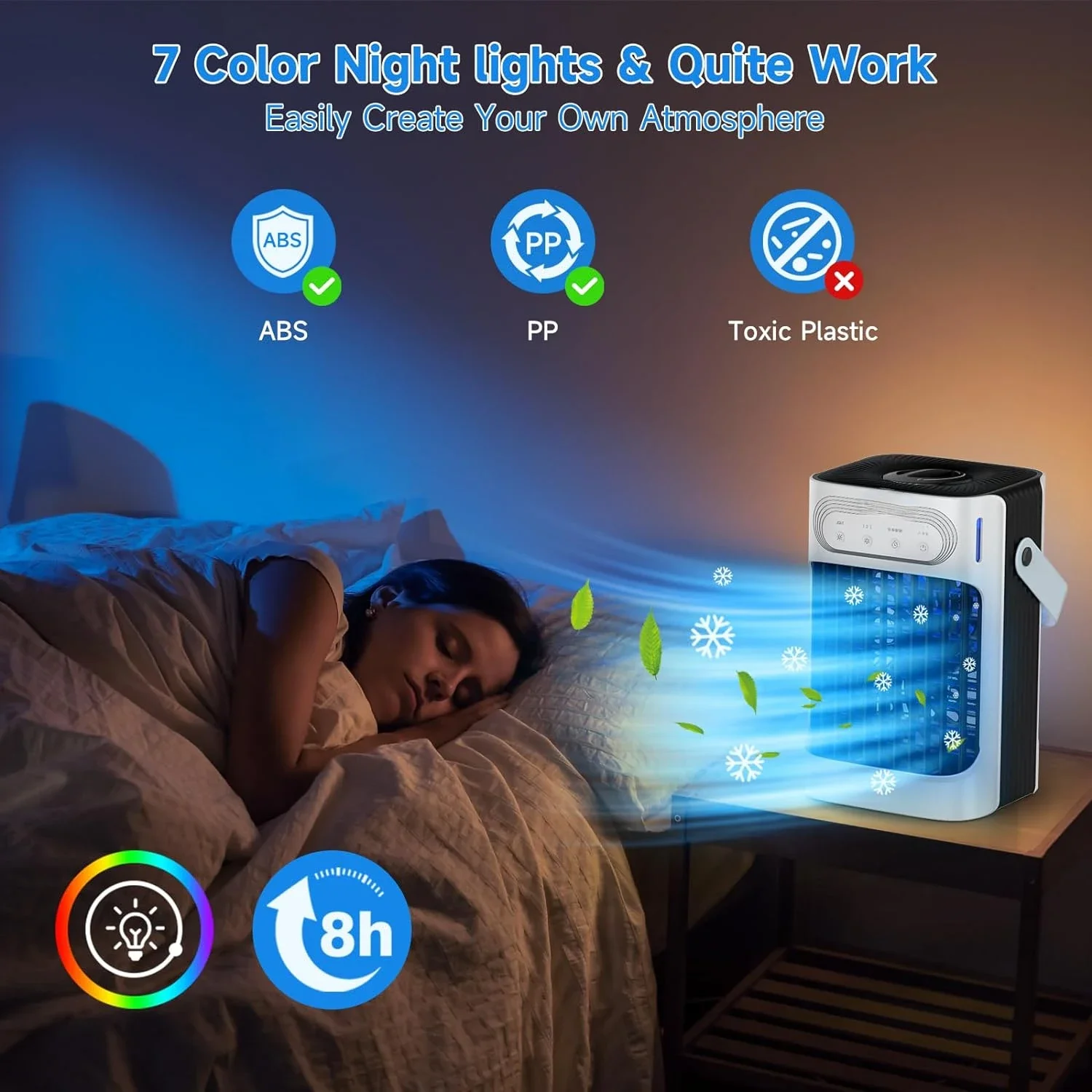 Enfriador de aire evaporativo mejorado de 10W, potente aire acondicionado 3 en 1 con 3 Ajustes frescos, 3 velocidades y 7 luces de Color, Adj