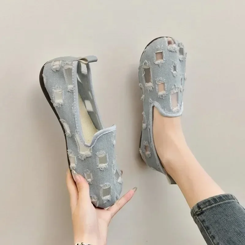 Women's Slip On Flat Shoes Summer Breathable Mesh Hollow Out Ripped Denim Frayed Edge Soft Sole Casual Comfortable Walking Shoes