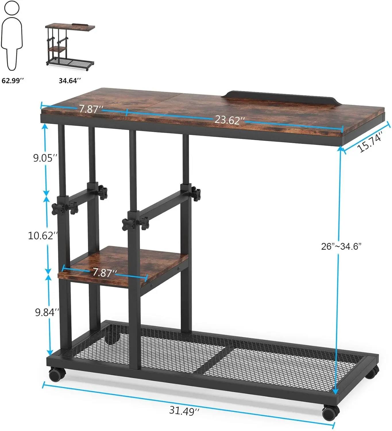 Height Adjustable C Table with Wheels, Mobile Couch Snack Side Table with Tiltable Drawing Board, Sofa Bedside Laptop