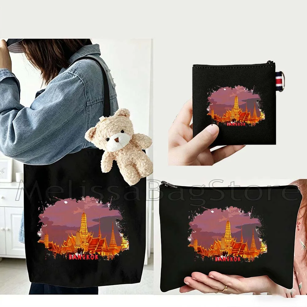 

4PCS Gifts Set Bangkok Thailand Black Canvas Tote Bag Handbag with Doll Key Coin Purse Cosmetic Makeup Toilet Bag Case Pouch