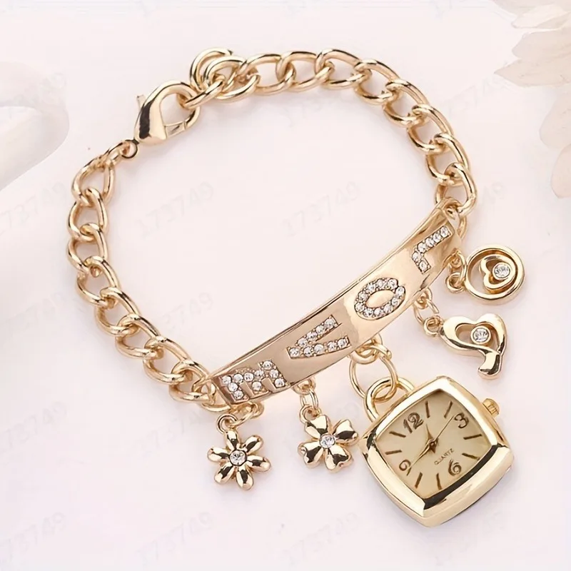 Women\'s LOVE Letter Bracelet Watch with Fashion Flower Decoration Exquisite Barrel Quartz Timepiece Casual Elegance