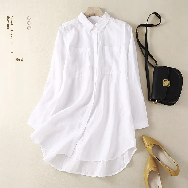 가을용 면 린넨 칼라 싱글 버튼 롱 슬리브 루즈핏 중간 길이 단색 다용도 여성용 프리...