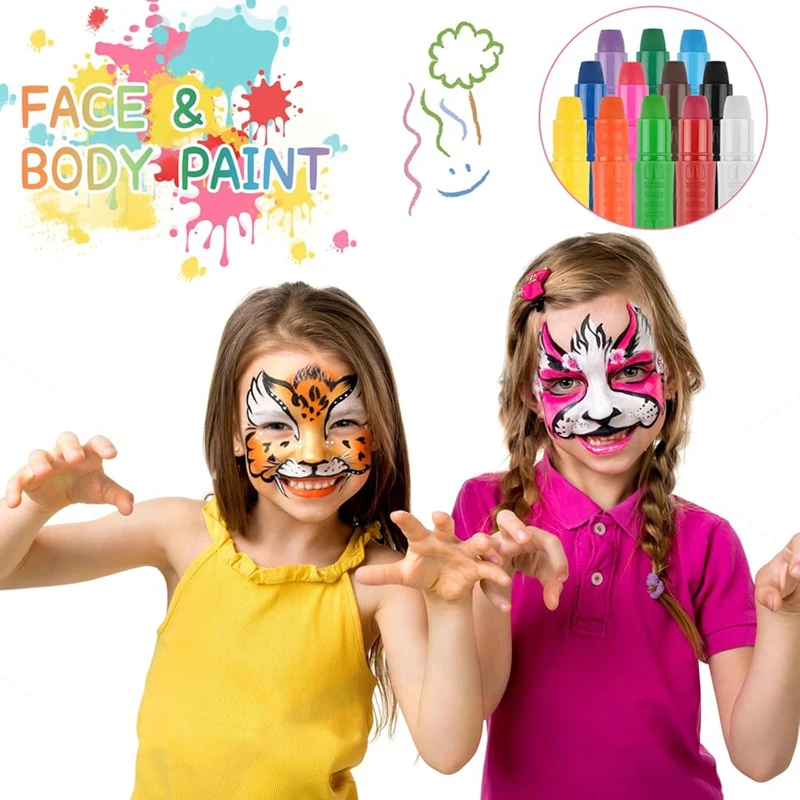 Face Painting Kit For Kids,12 Colors Washable Twistable Face Paint Crayons With 2 Brushes For Party Halloween Cosplay