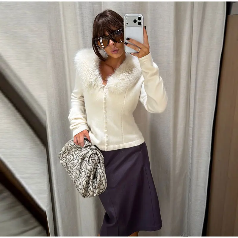 Cable Knit Cardigan with Faux Fur Collar — product details 35