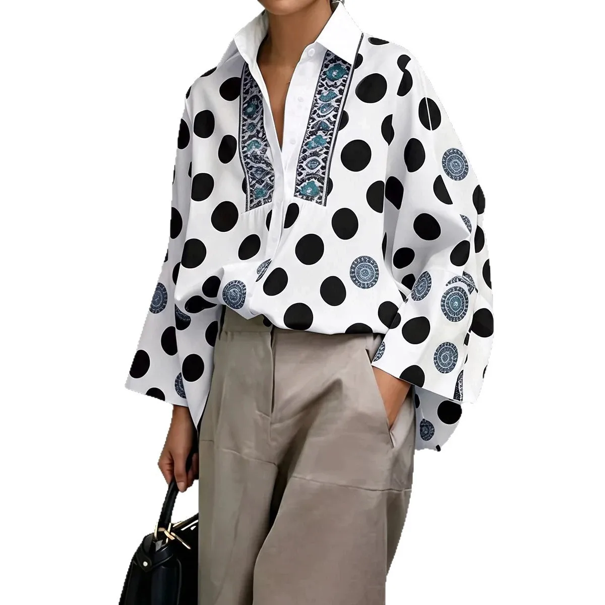 Women's And Women's Loose Fit Polka Dot Printed Long Sleeve Polo Neck Pullover Blouse For Women Casual Tops with Embroidered