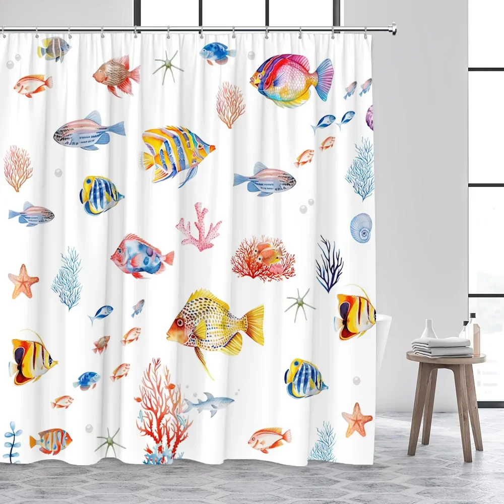 Tropical Fish Shower Curtains Watercolour Starfish Coral Ocean Animals Kids Bath Curtain Set Polyester Bathroom Decor with Hooks