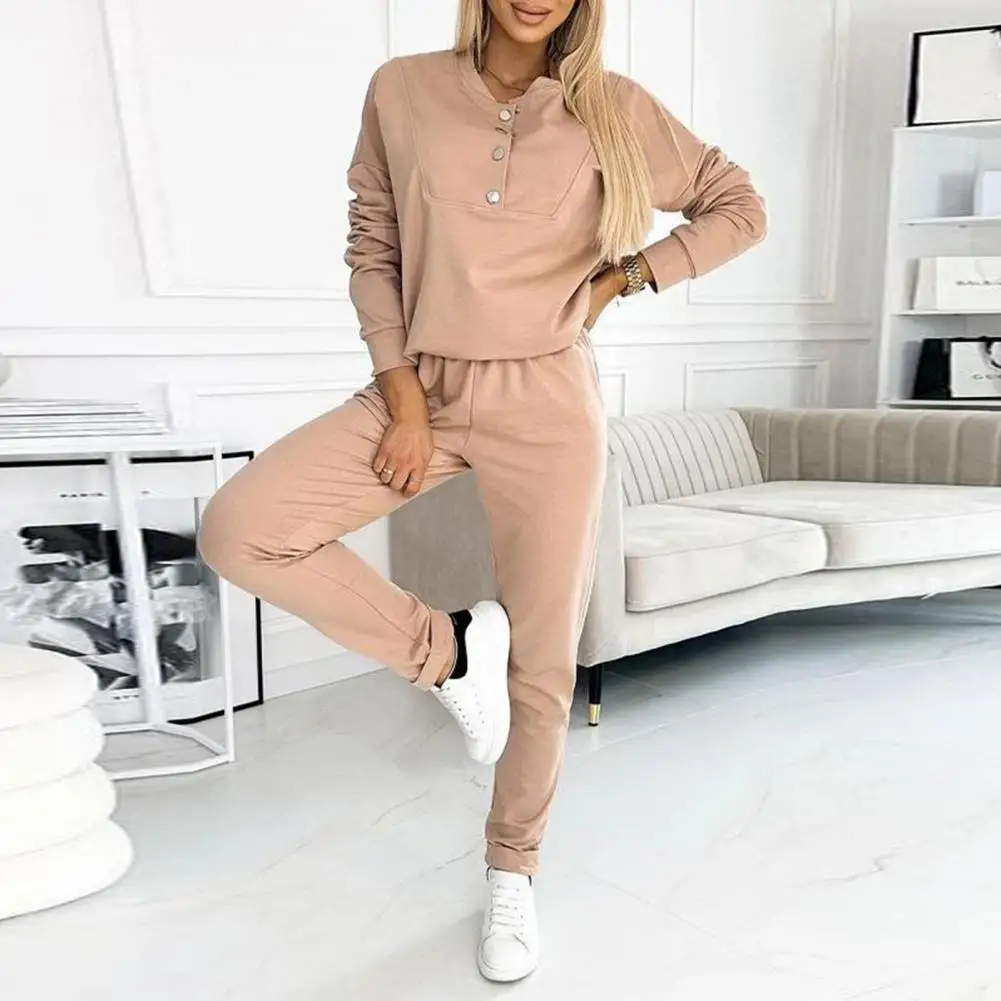 

Dress Pants Suit Button Decorated V-neck Long Sleeve Solid Color Sweatshirt Elastic Waist Pants Everyday Wear Sportswear