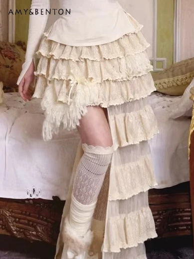 Francês gracioso estilo fada renda em camadas saia palácio retro cintura alta irregular mini saia feminina vestidos de noite de natal