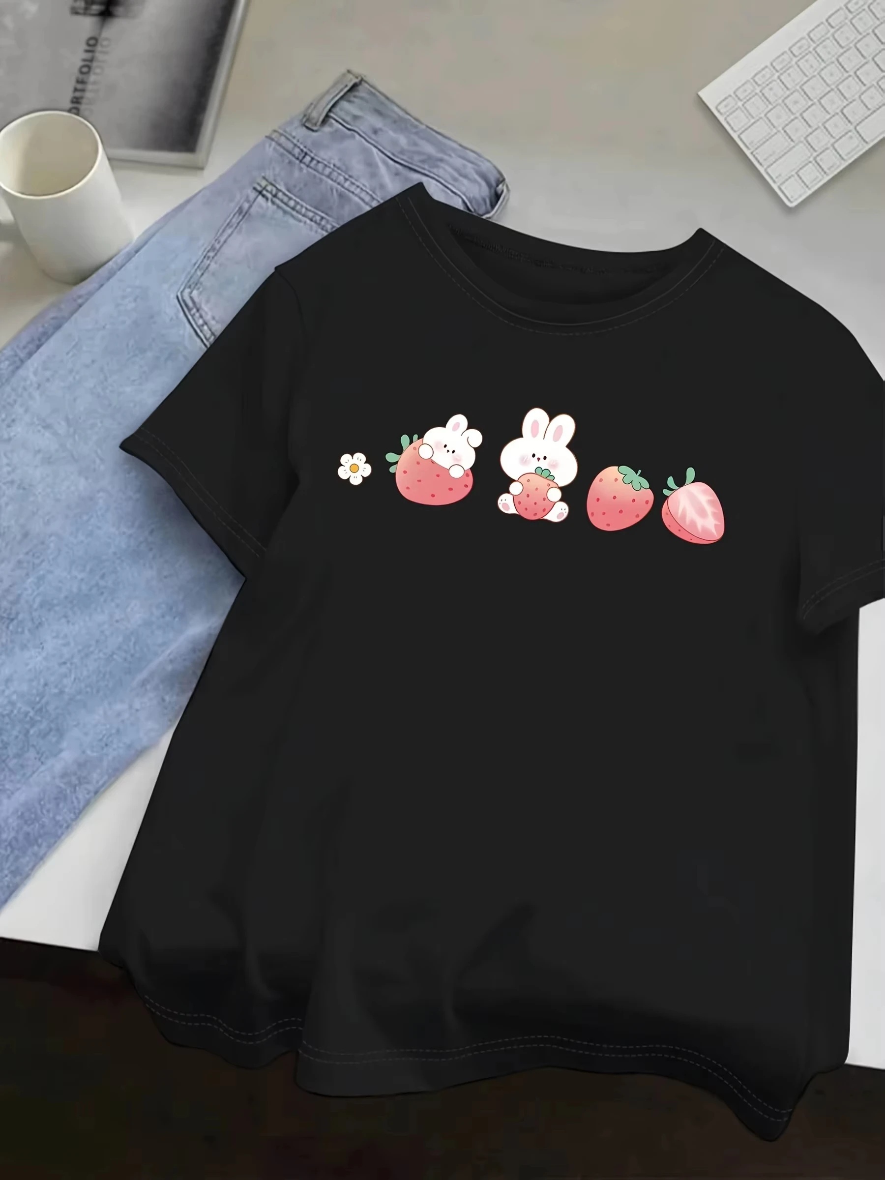 Women's Cute White Rabbit Strawberry Print T-Shirt Bright Red Casual Summer Tee Harajuku Short Sleeve Casual Aesthetic Clothes