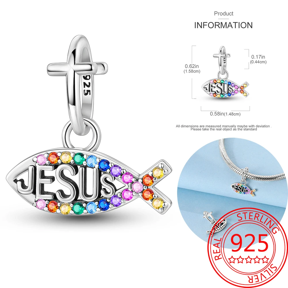 

100% 925 Sterling Silver Holy Light The Colorful Zirconium Fish of The Cross Charm for Pandora Bracelet Faith Jewelry