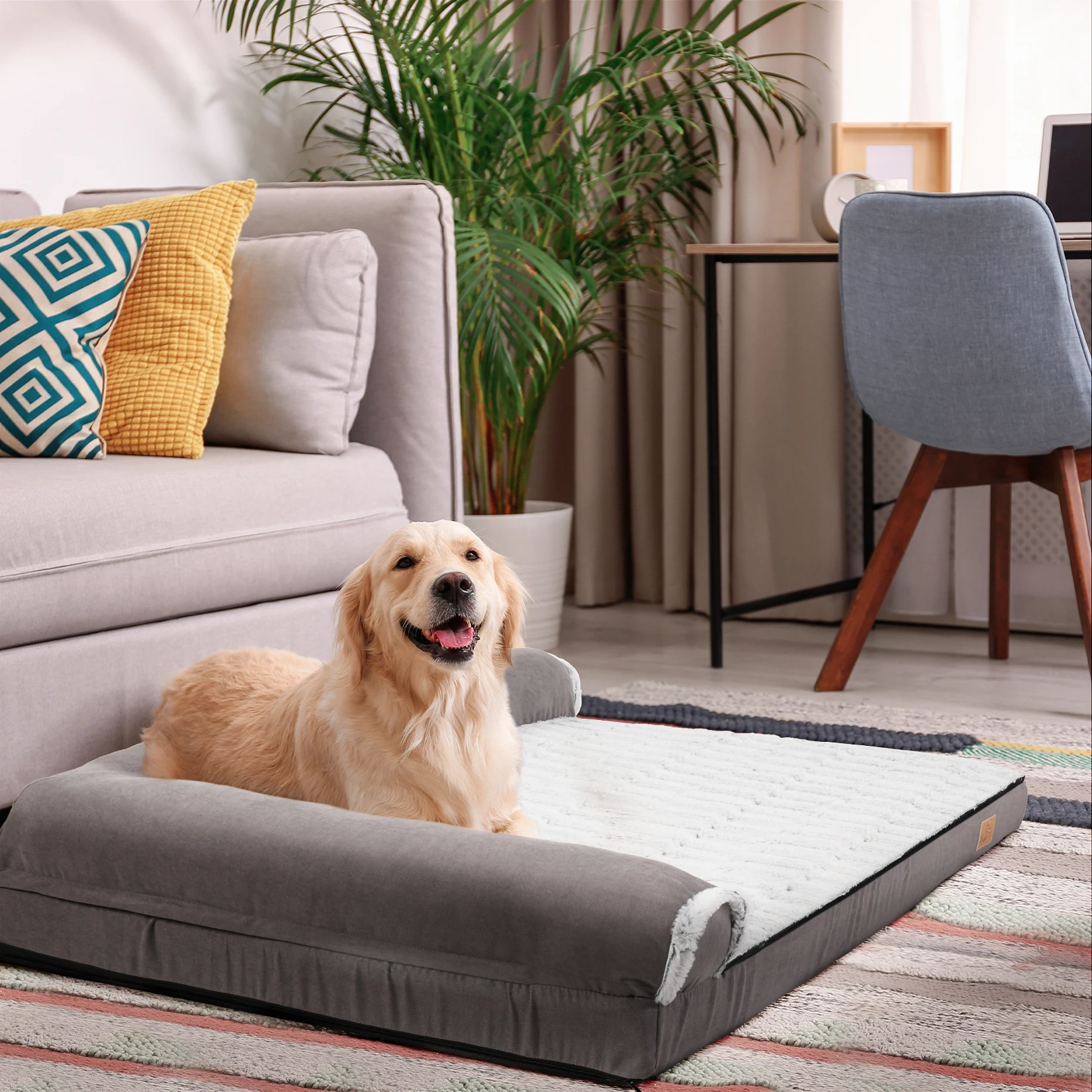 BigngoPaw Heavy Duty Dog Bed for Large Medium Super Soft L-shape Pet Calming Bed Chaise Sofa Kennel Mat w/ Removable Plush Cover