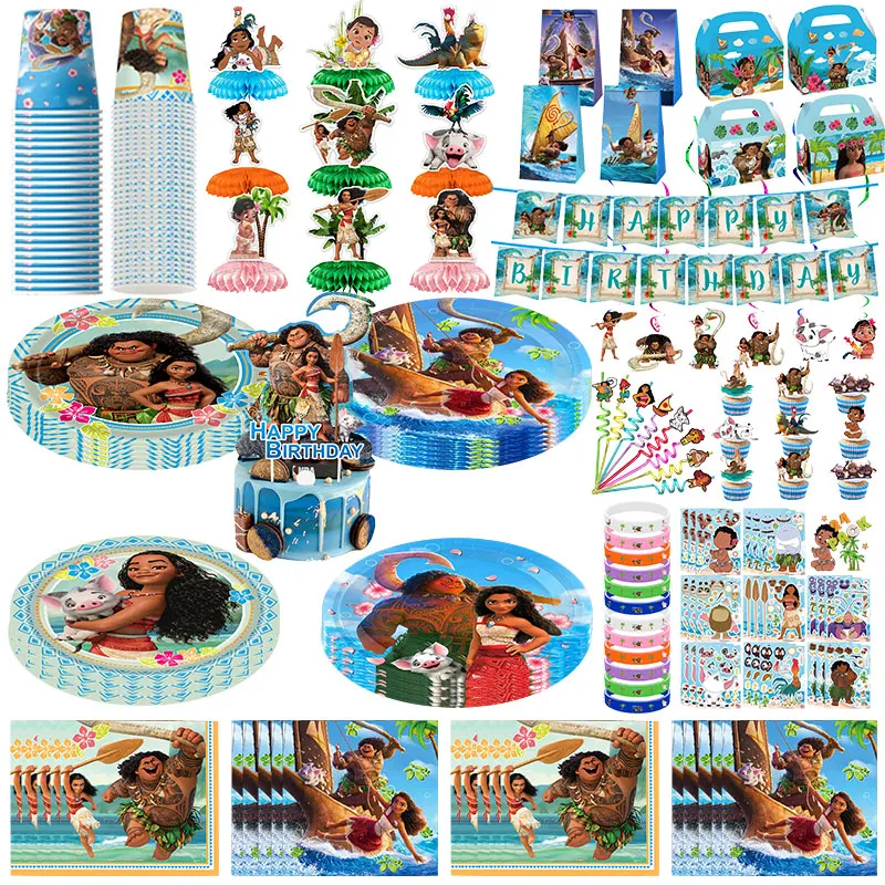 Nouvelle décoration Moana assiettes d'anniversaire tasses serviette vaisselle bannière sac boîte à bonbons décor de gâteau Maui Moana fournitures de fête cadeaux pour enfants