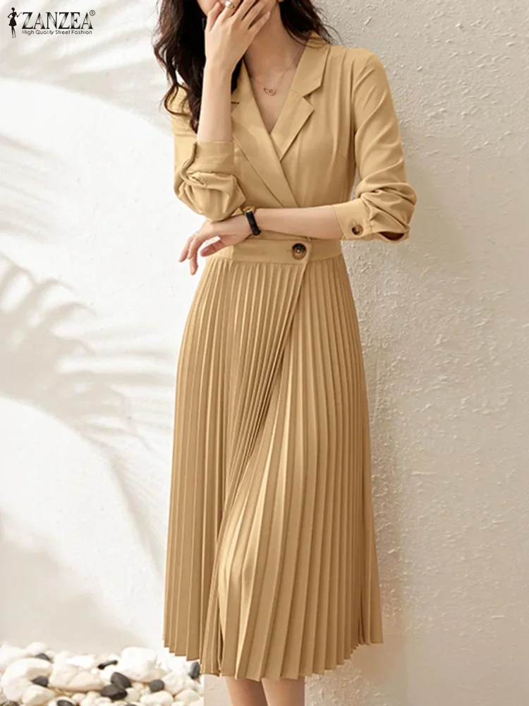 ZANZEA 2025 Jesienna Elegancka Sukienka z Kołnierzykiem, Długi Rękaw, Sukienki Biurowe Damskie, Jednolita Plisowana Sukienka Letnia, Stylowa Sukienka Midi z Podkreśloną Talia, Vestido