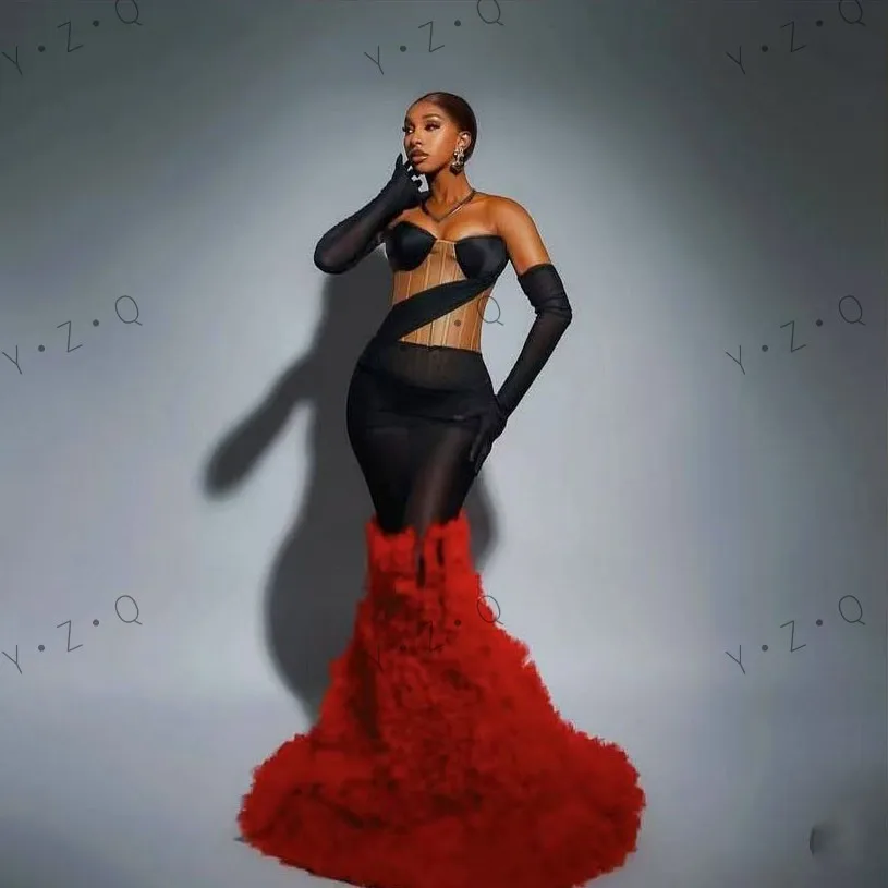 Abiti da festa eleganti da donna con spalle scoperte con guanti a strati sirena nero rosso tulle modesto abito da cerimonia nuziale lungo con corsetto