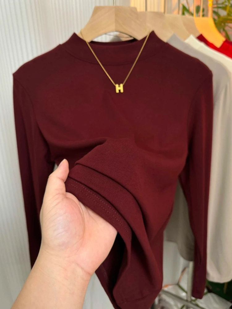2025 New Women's Wine Red Mock Neck Long Sleeve Thermal T-Shirt Soft Stretch Basic Layering Top Comfortable Casual Blouse