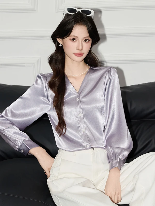 

Elegant Purple Silk Blend Acetate Women's Shirt V-Neck Design Spring 2026 Fashion Commute Style Long Sleeve Button up