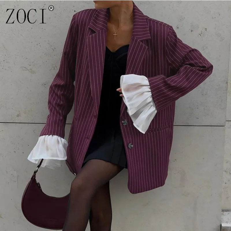 

ZOCI женский полосатый пиджак, винтажный кружевной пиджак с расклешенными рукавами, куртки для женщин, уникальный дизайн, пальто с зубчатым воротником, новинка 2023 года