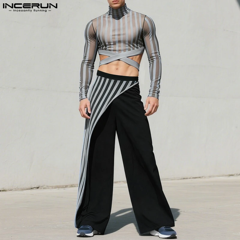 

INCERUN Men Sets Striped Patchwork Turtleneck Long Sleeve Crop T Shirts & Pants 2PCS Streetwear Sexy See Through Mesh Men Suits