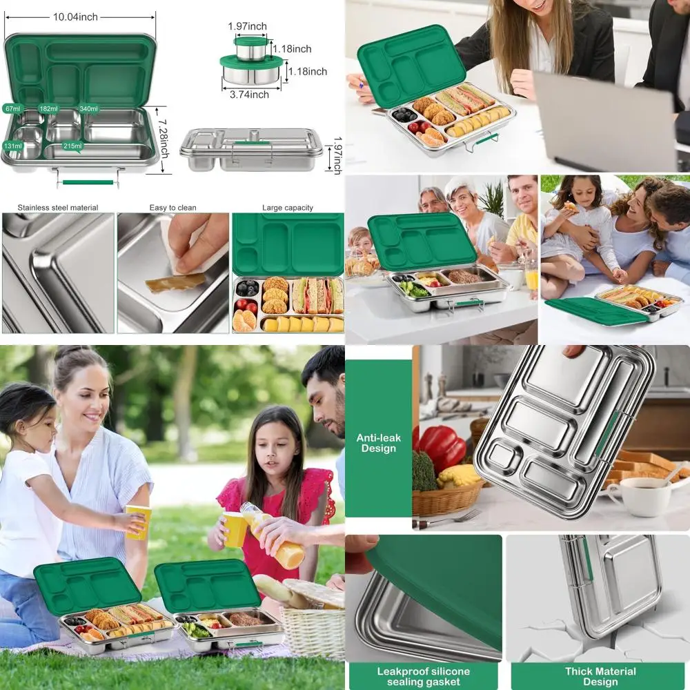 

Ланч-бокс из нержавеющей стали на 5 секций для взрослых и детей, с 2 контейнерами для соуса, без BPA, можно мыть в посудомоечной машине, идеально подходит для школы и работы