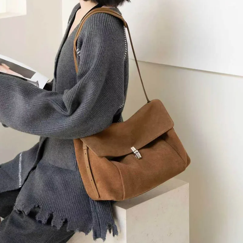 New frosted suede shoulder bag large capacity flip cover multi-layer underarm bag retro minimalist genuine leather Crossbody bag