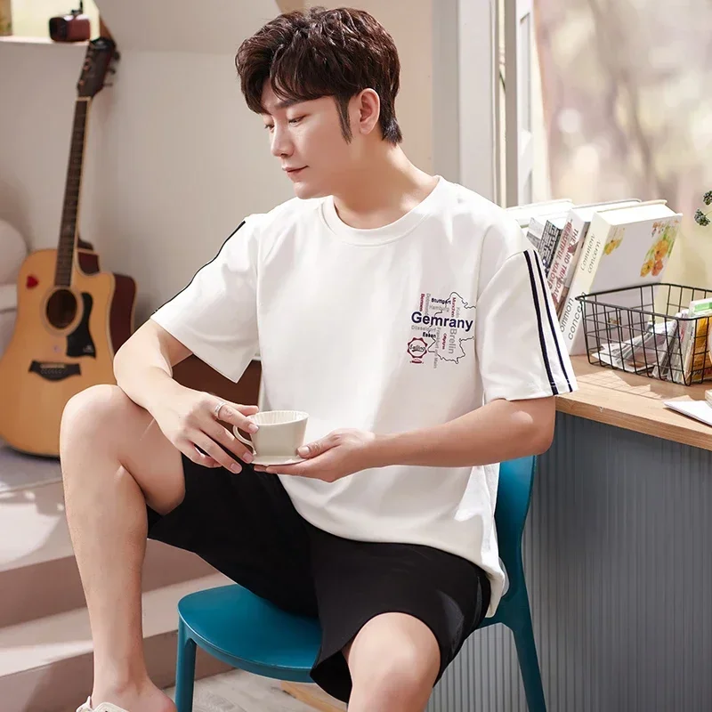 2026 Summer 100% Cotton Short Sleeve Pajama Sets for Men Korean Loose Sleepwear Pyjama Homewear Male Pijama Hombre Home Clothes