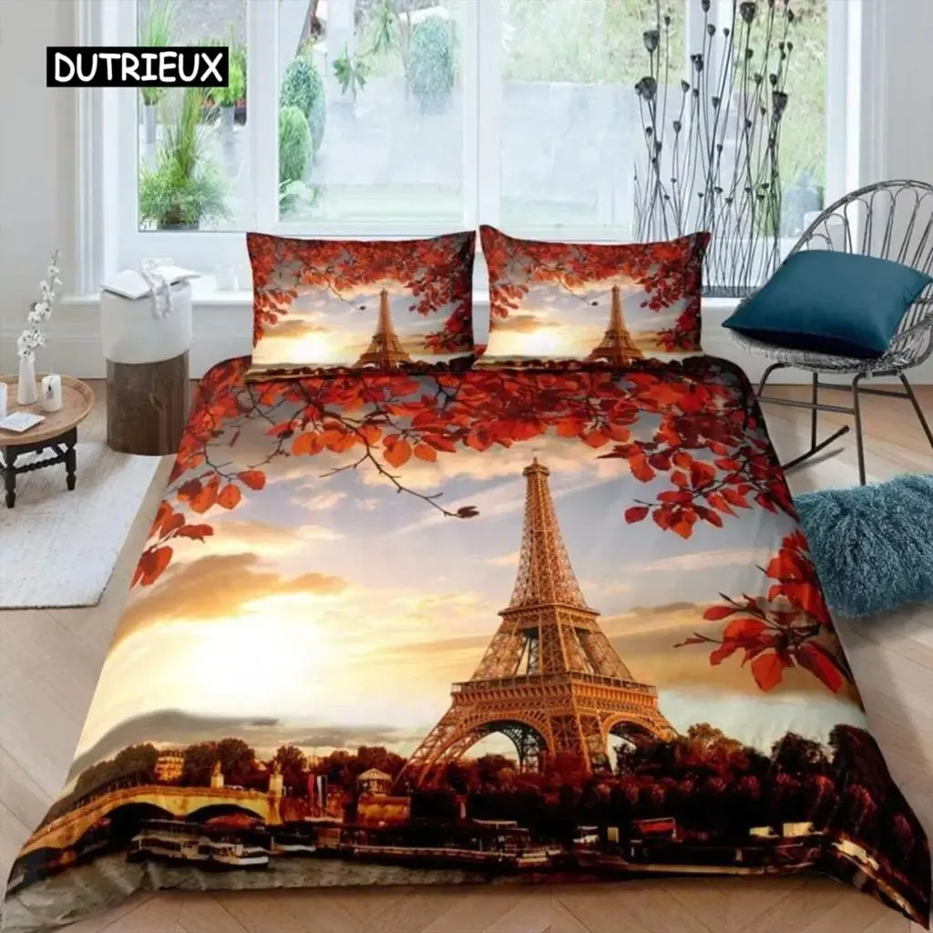 Paris Duvet Cover Vintage Eiffel Tower Red Umbrella Soft Breathable Paris Bedding Set Microfiber Double Queen King Quilt Cover