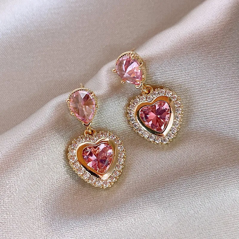 925 Silver Needle Korean Fashion Pink Heart Zircon Drop Earrings For Women Jewelry 2026 Trending New Luxury Crystal Earrings