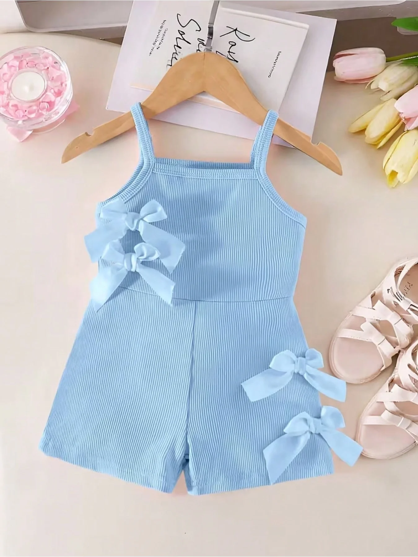 Children's Square Neck Sleeveless Jumpsuit Casual Elegant Comfortable Solid Color Suspender Bow Shorts One-Piece Suit for Kids
