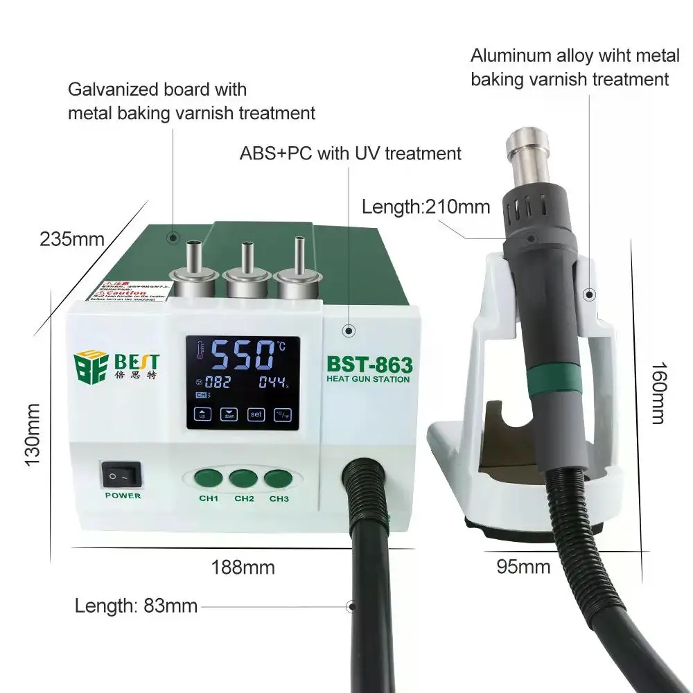 BST-863 Hot Air Gun Desoldering Station Digital Display LCD Touch Thermostat Anti-static Hot Air Gun