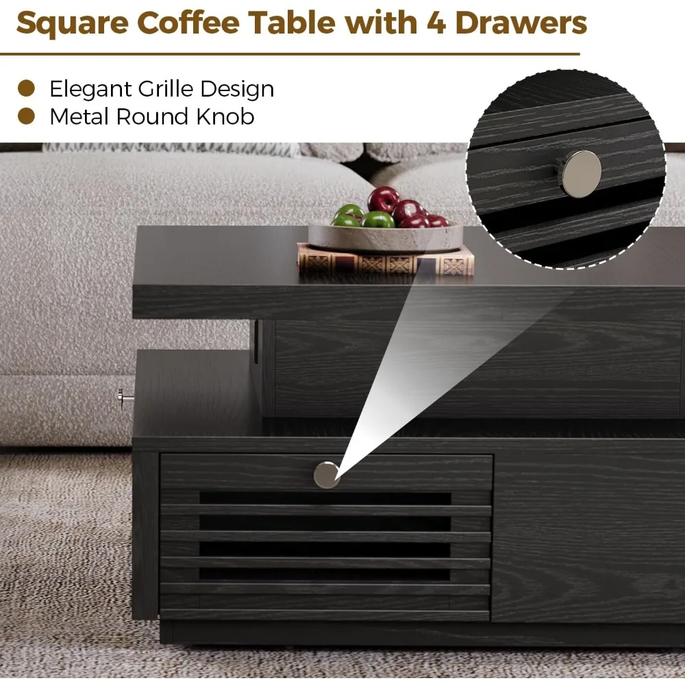طاولة قهوة مع ضوء LED ومحطة شحن، 4 أدراج تخزين بتصميم شبكي، طاولة قهوة مربعة لغرفة المعيشة