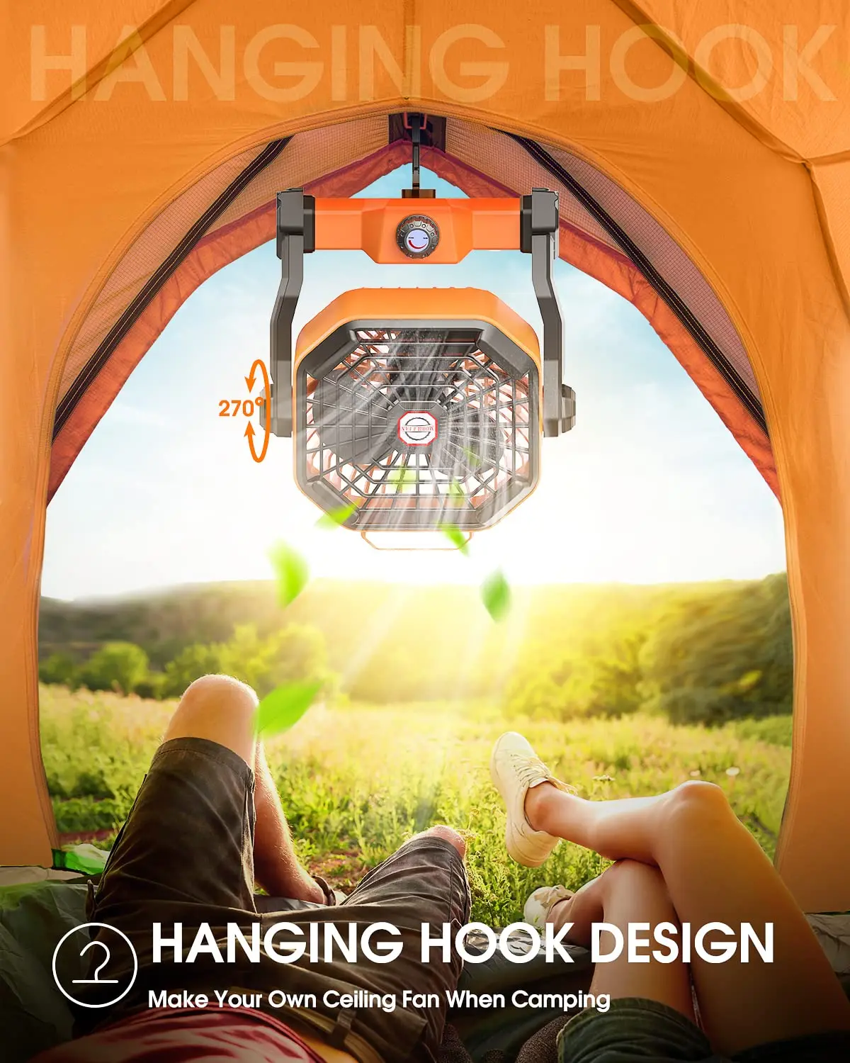 Ventilador de acampamento portátil com luz, Hanging Tent Ventilador de teto, Viagem ao ar livre Cool Camping Gear, USB recarregável, 6-20h, 7800mA