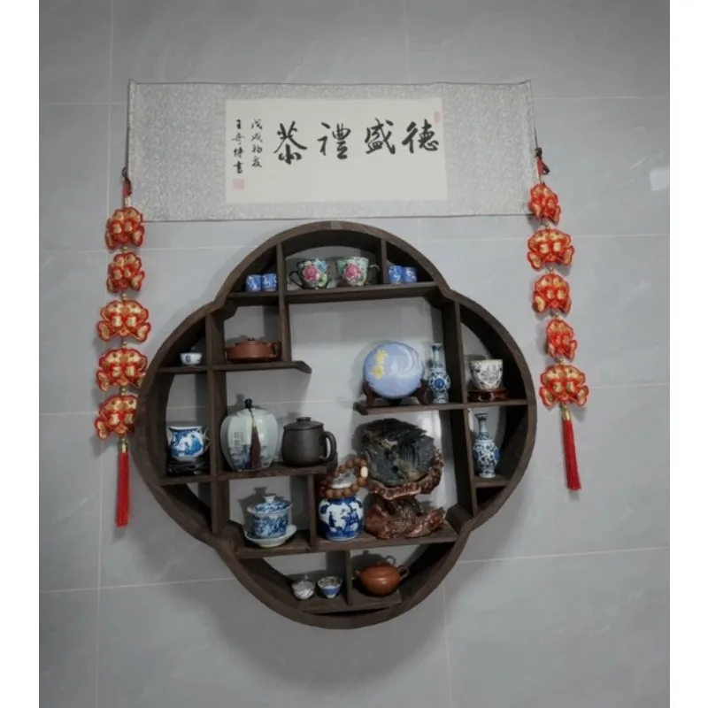 Solid wood Duobao Pavilion wall bogu frame teacup tea set storage rack Chinese retro plaid wall hanging display rack