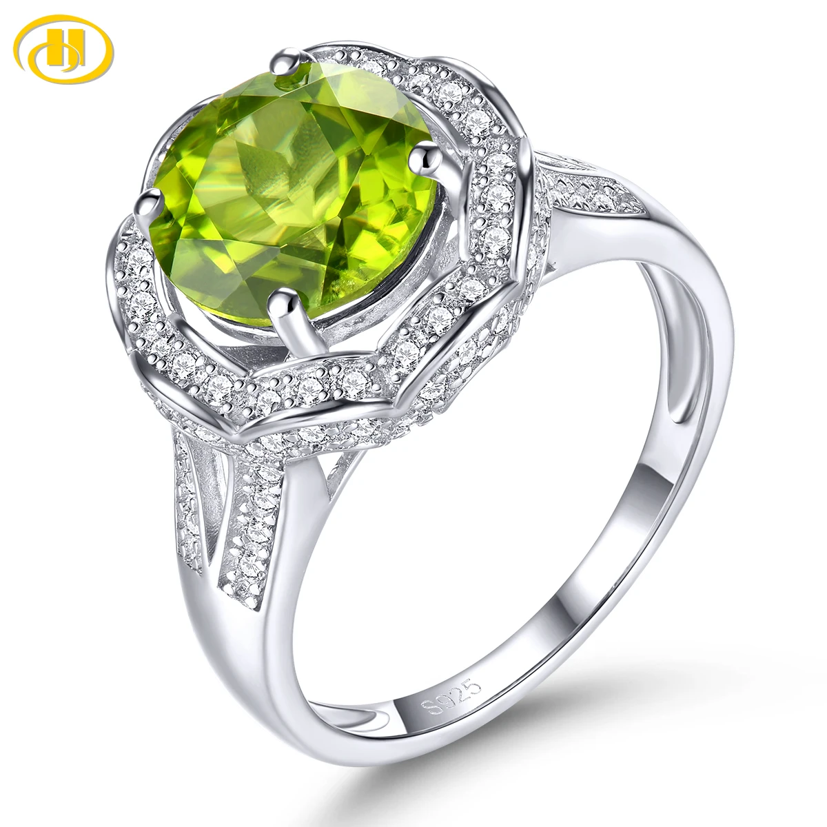 

Natural Peridot Sterling Silver Ring 3.2 Carats Genuine Gemstone Women Classic Flower Design S925 Rhodium Plated Anniversary