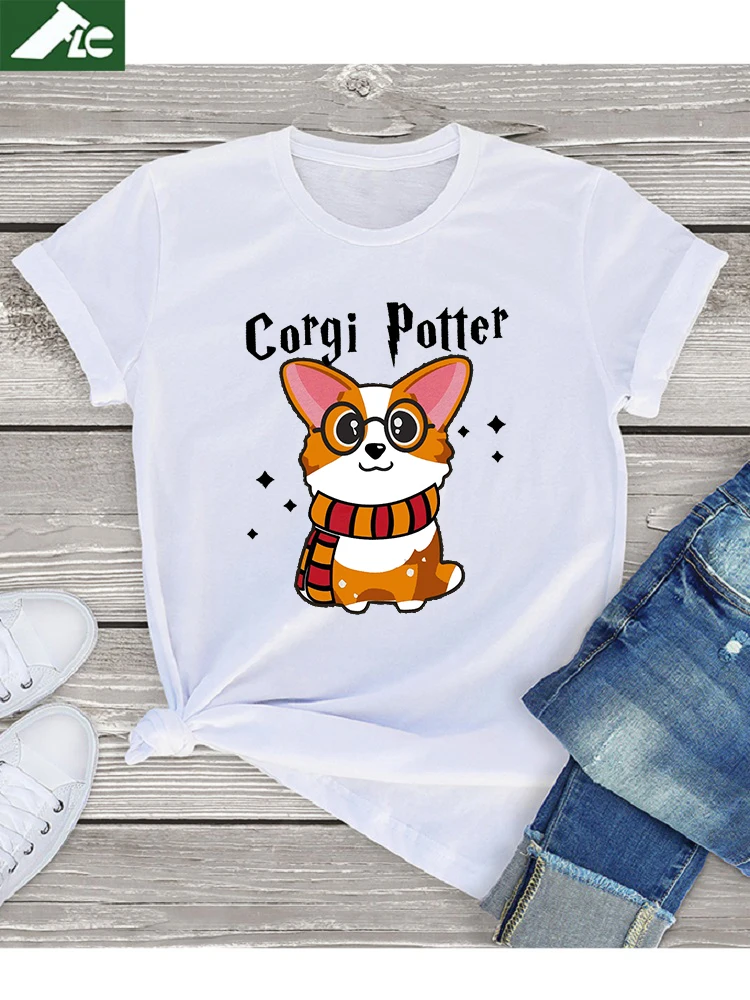 Cotton Kawaii Corgi Potter T Shirt Smmer Top Women 2023 Unisex Gift For Corgi Lovers Graphic T Shirt Femme Cute Streetwear 3XL