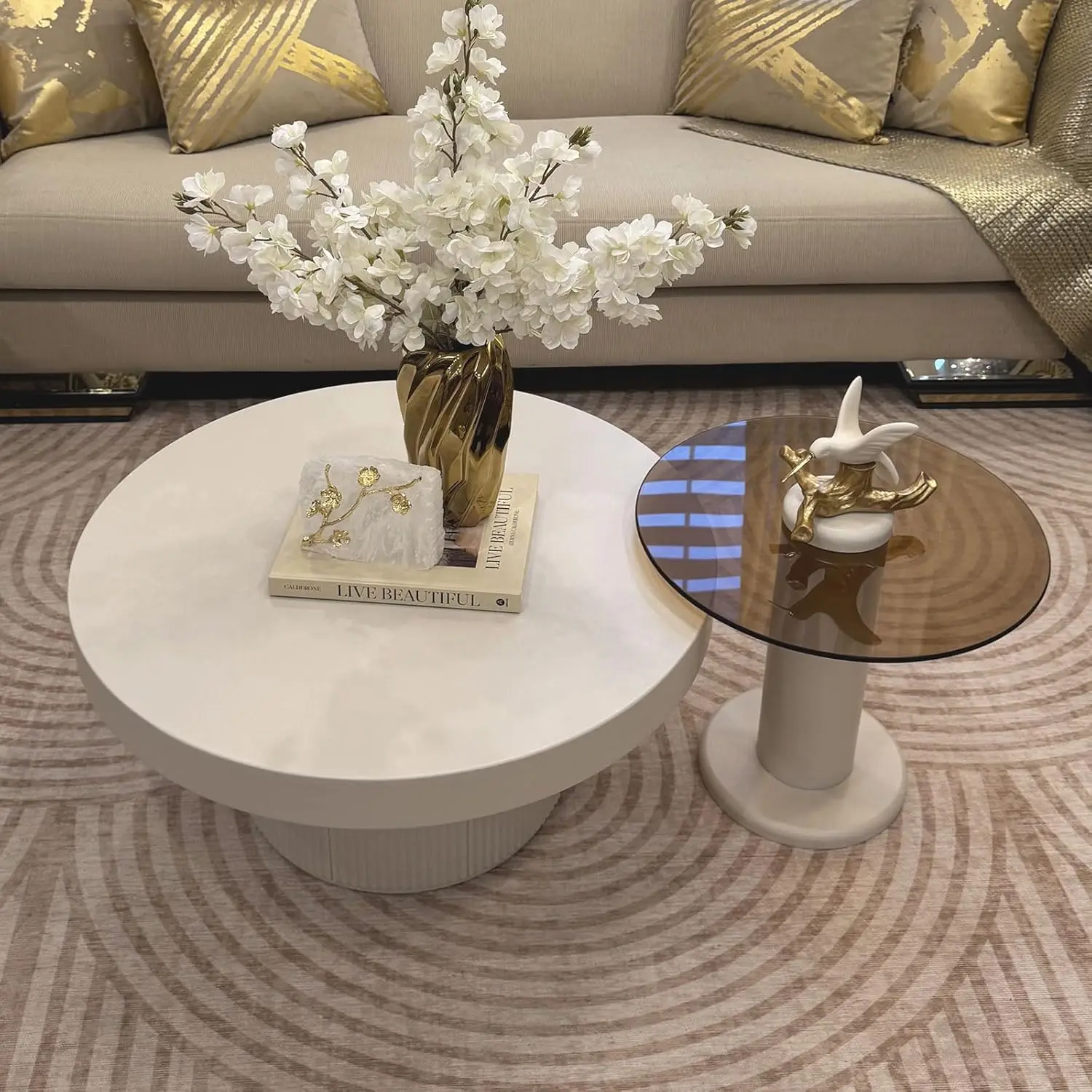 

Round Nested Coffee Tables, Creamy White Cute Center Table And Tempered Glass Side Table Set, Modern End Tables For Living Room,