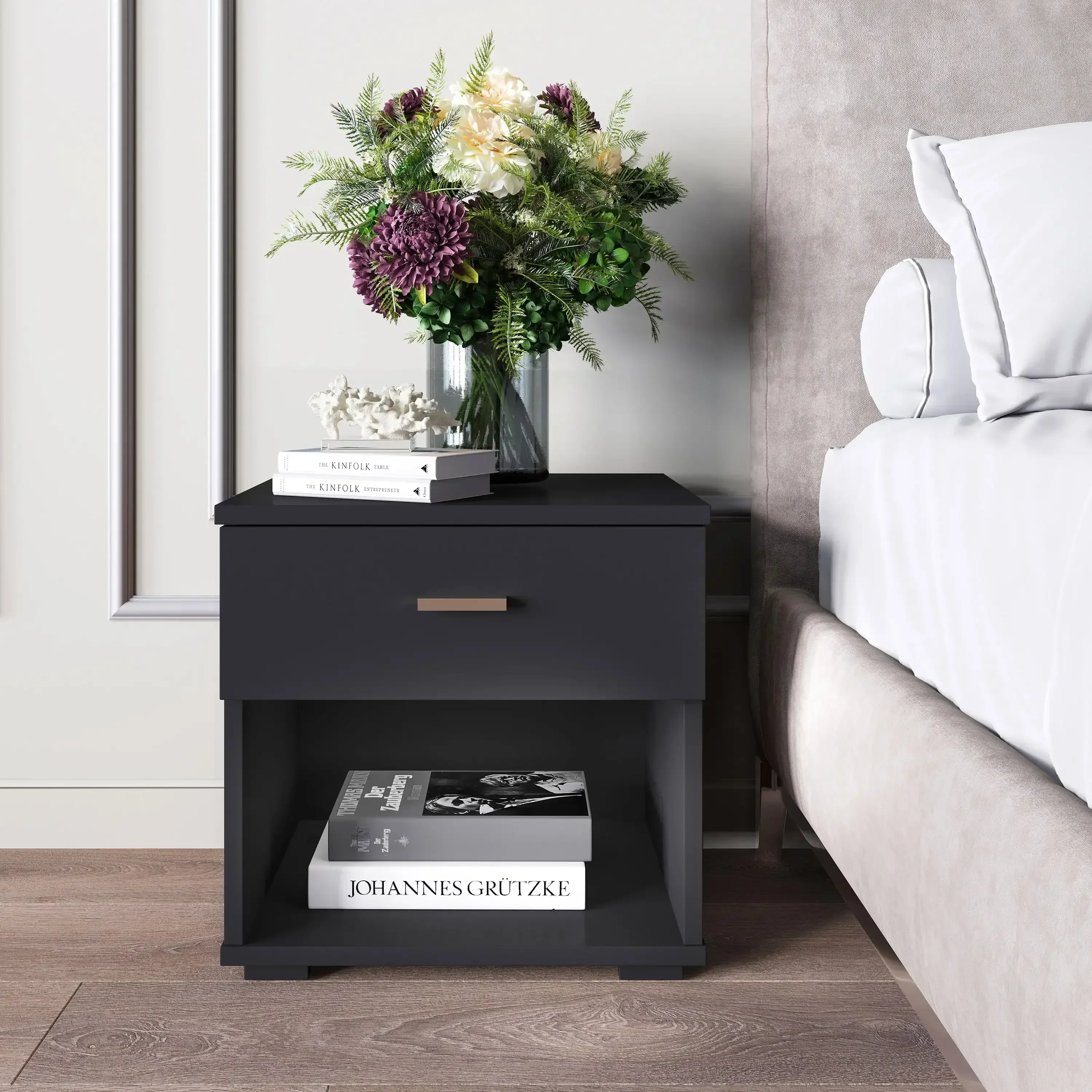 

One Drawer Nightstand with Open Storage, Black