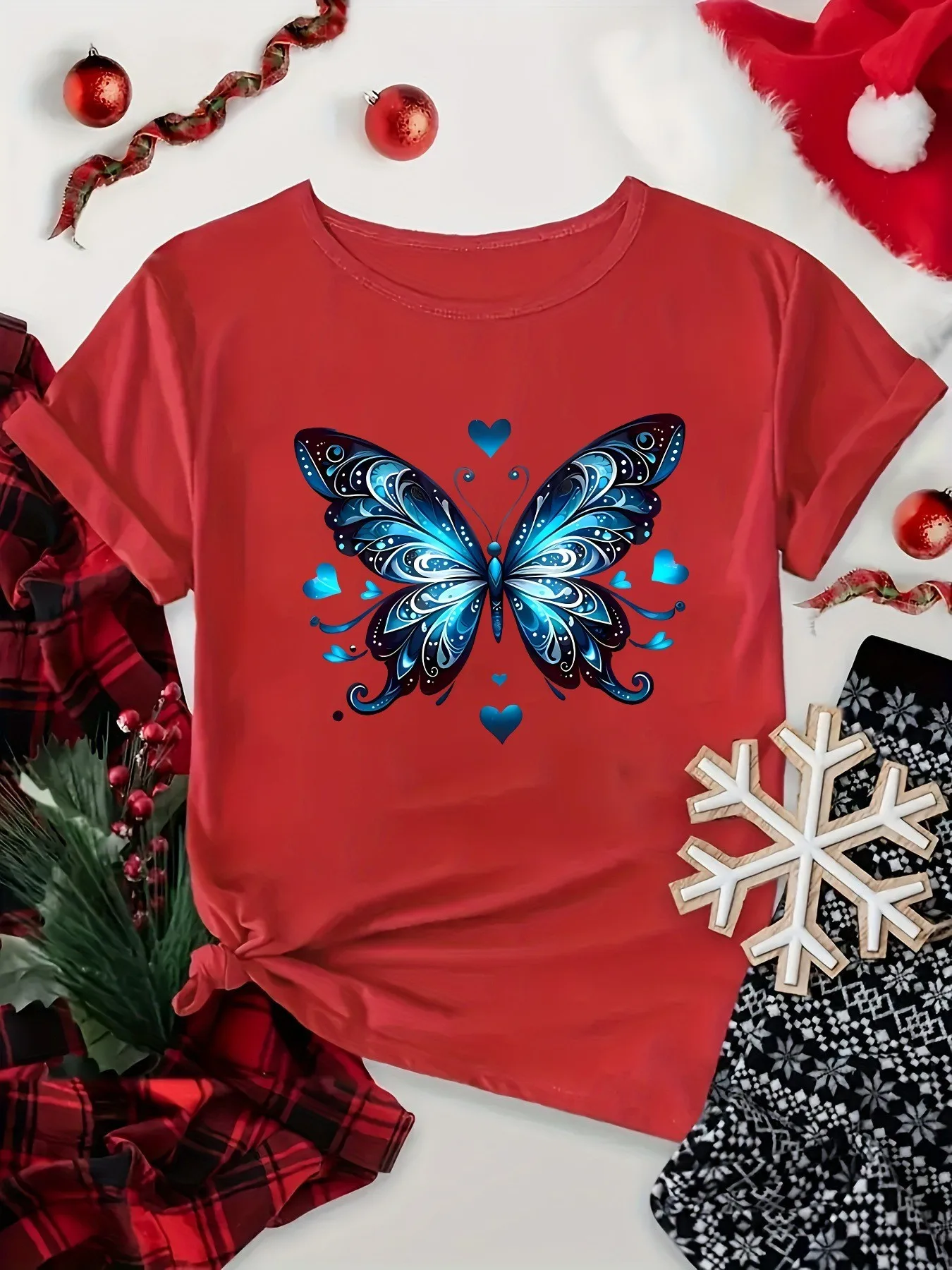 plus size women's short sleeve T-shirt Blue Butterfly With Hearts Pattern comfortable soft fabric summer outfit women's clothing