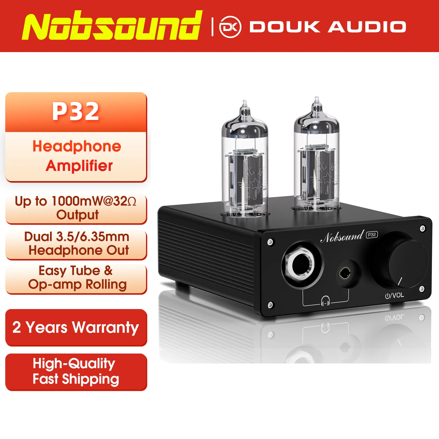Nobsound P32 Mini Vacuum Tube Preamp Desktop 3.5mm/6.35mm Headphone Amplifier with Pluggable Op-Amp