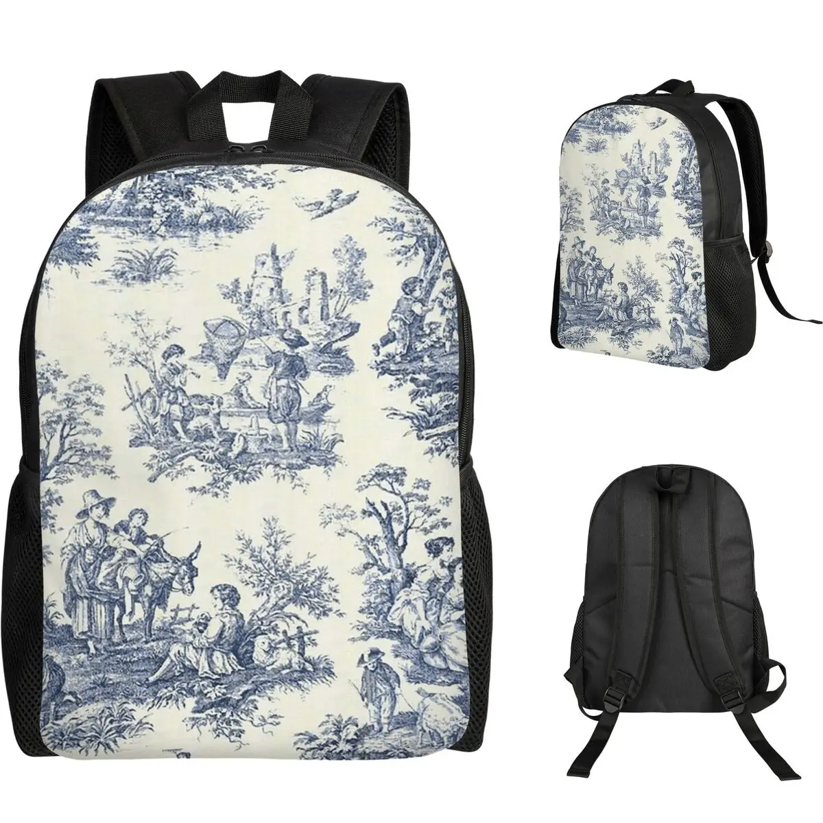 Powder Blue French Toile Picnic Design Student Backpack School Bag Hiking Travel Daypack for Boys Girls Bookbag Shoulder Bags
