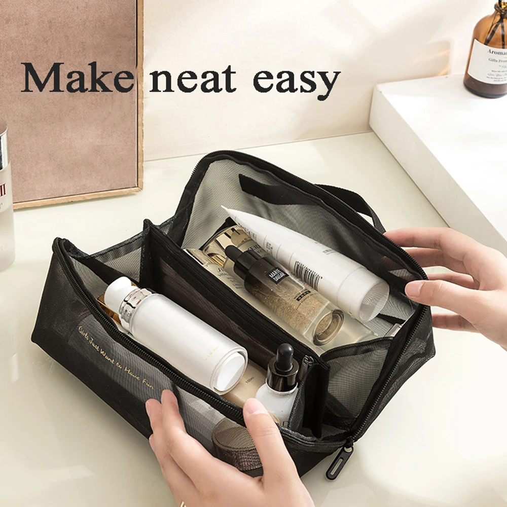 Women Large Mesh Makeup Bag Foldable Transparent Cosmetics Separate Wash Bag Underwear Storage Bag Travel Tote Bag With Handle