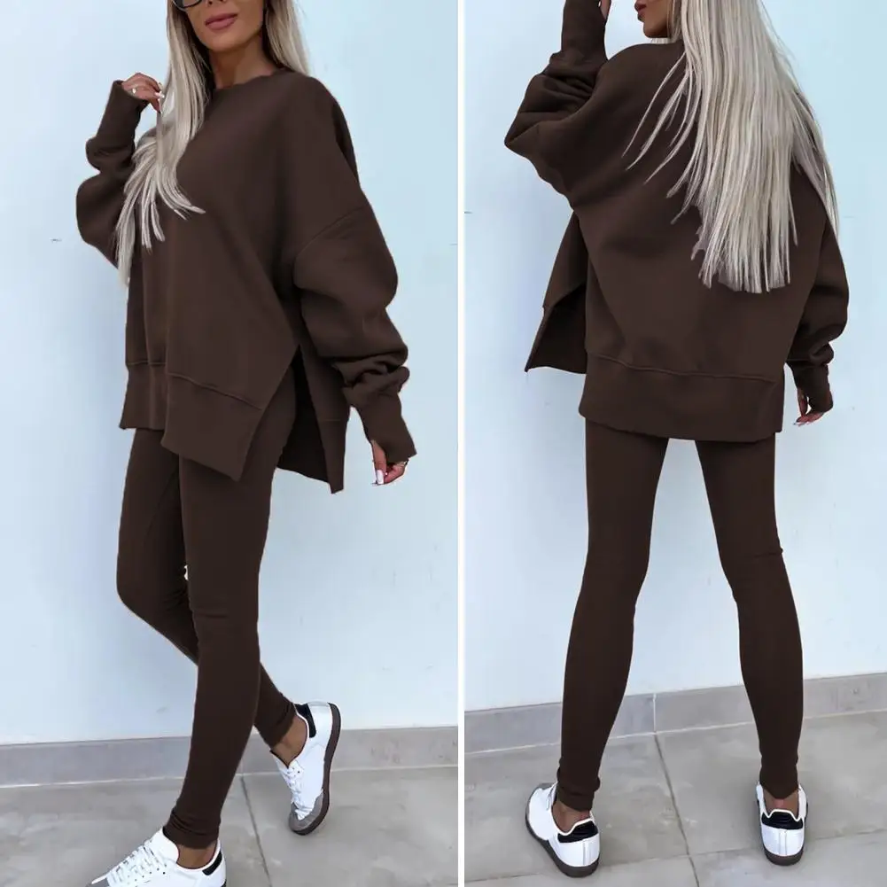 Solid Color Sports Outfit Stylish Women\'s Winter Tracksuit Set with Irregular Hem Sweatshirt Solid Color Trousers for Cold