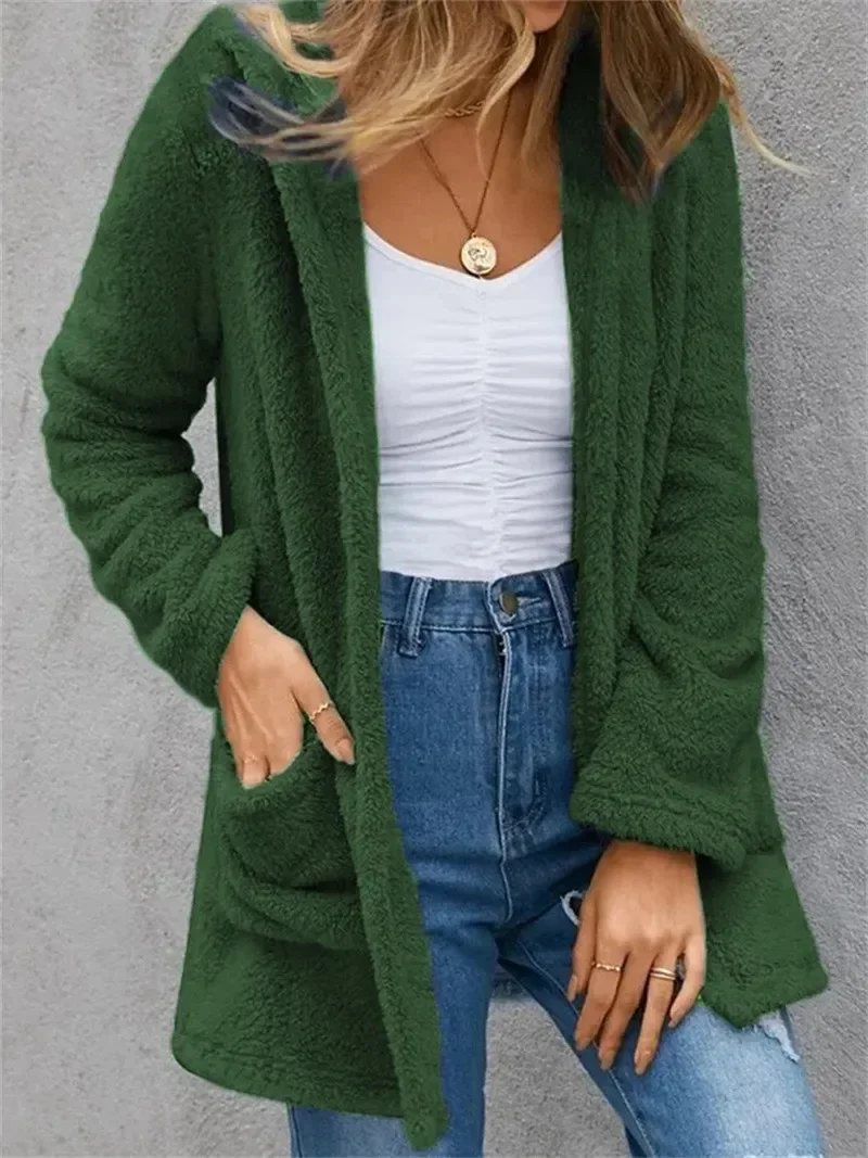 

2023 Autumn/Winter Women's New Fashion Elegant Cardigan Coat Solid Color Fleece Cardigan with Pockets Casual Comfort Top