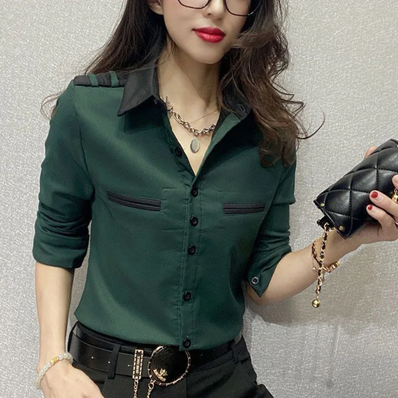 Fashion Lapel Button Spliced Loose Korean Shirt Women Clothing 2023 Spring Summer New Casual Tops All-match Office Lady Blouse