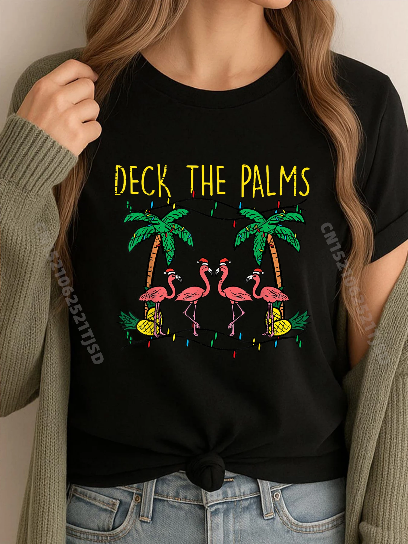 

Палуба Пальмы Фламинго Рождество Рождество Забавные футболки Женские рубашки Марди Гра