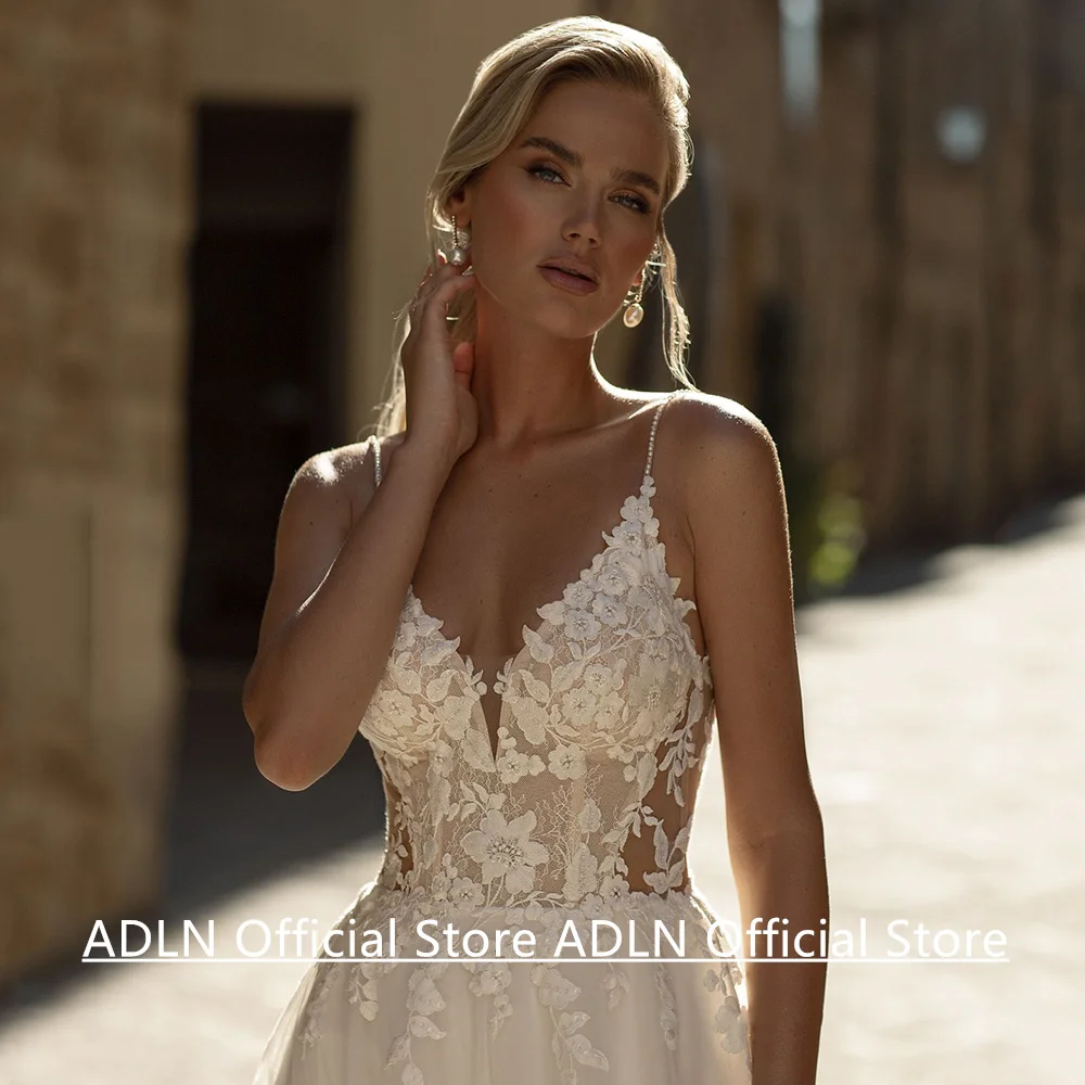 فستان زفاف مثير مخصص السباغيتي الأشرطة الخامس الرقبة انظر من خلال زين مفتوح الظهر سويب تراين فستان زفاف رداء دي ماري