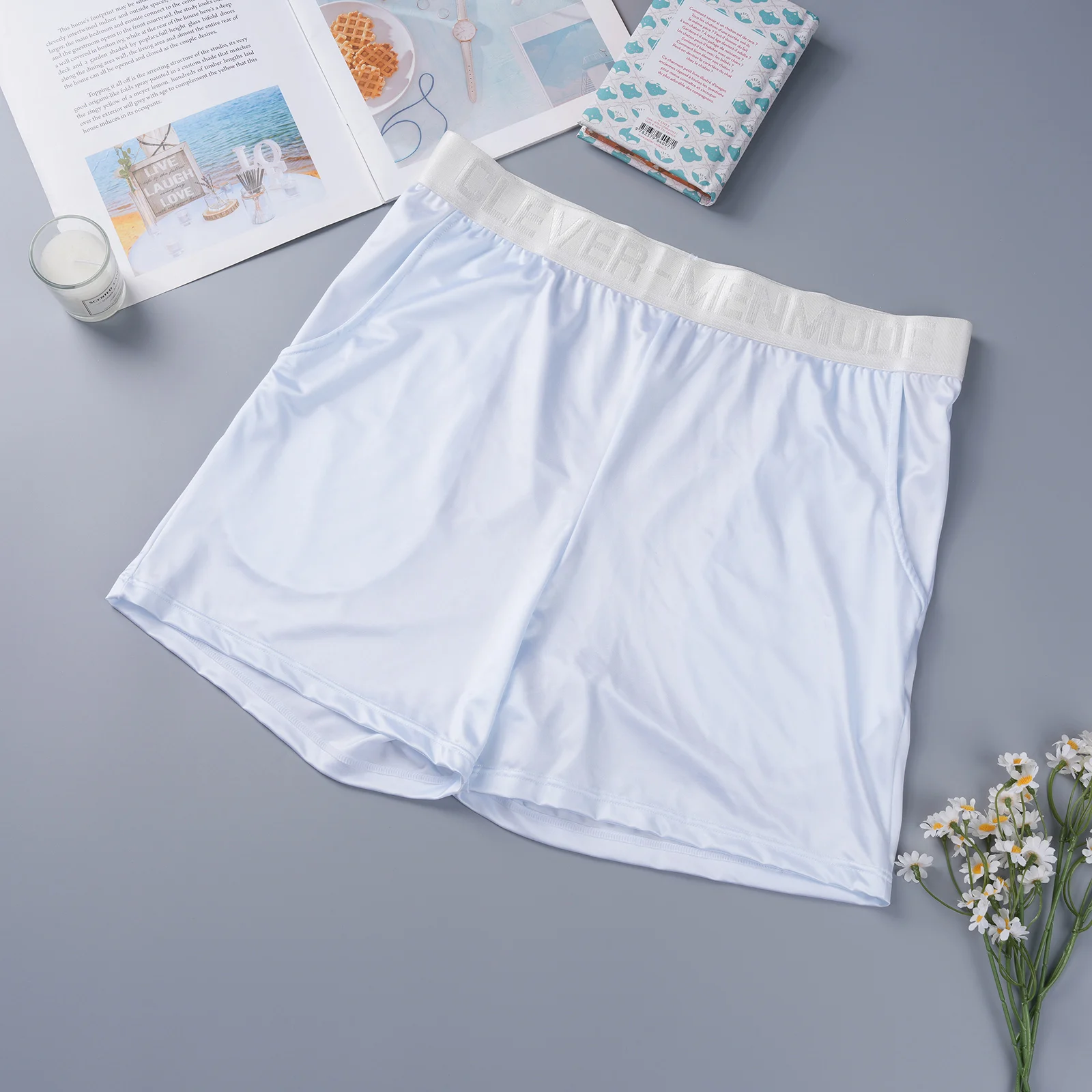 Glänzende Herren-Satin-Boxershorts mit breitem Bund, locker sitzende Boxershorts, glatte, dehnbare Lounge- und Schlafunterwäsche, Homewear-Unterhosen – Detail 6
