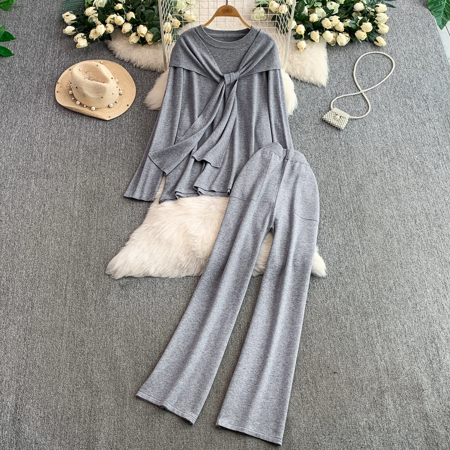 SuperAen 2025 Autumn New Loose Hooded Shawl O-neck Knitted Pullover Top High-waisted Casual Women Pants Two-piece Sets