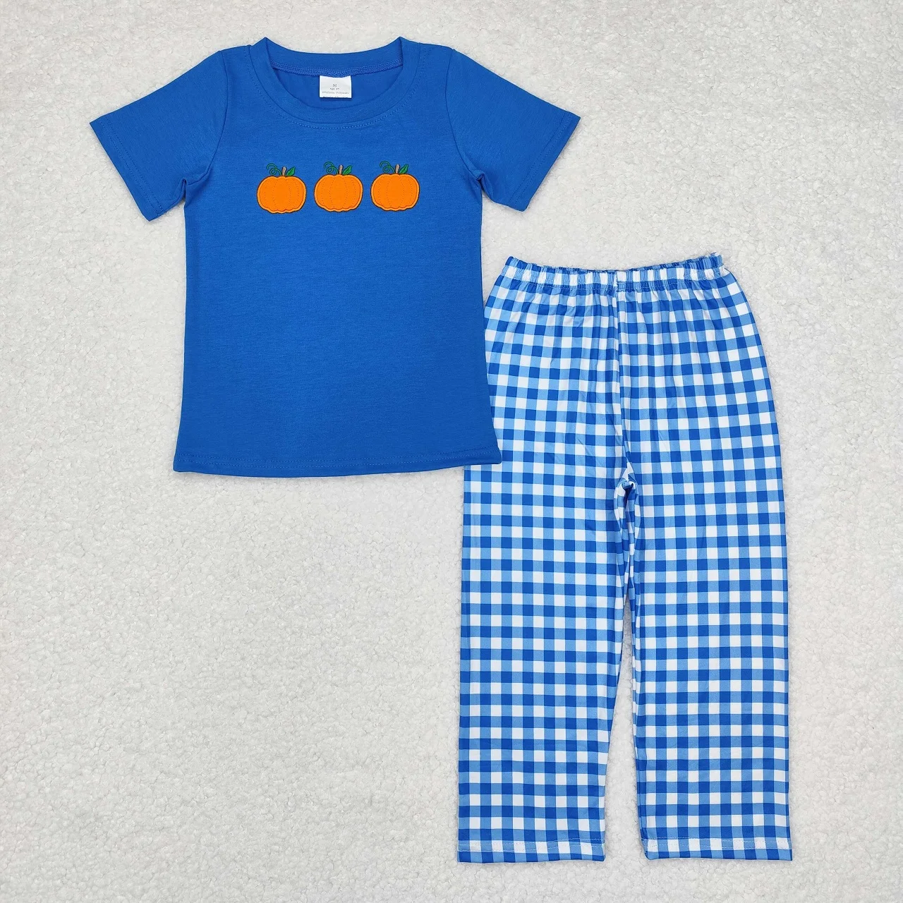 

Wholesale Toddler Short Sleeves Embroidery Shirt Blue Plaid Pants Baby Boy Set Kid Children Thanksgiving Pumpkin Outfit Pajamas